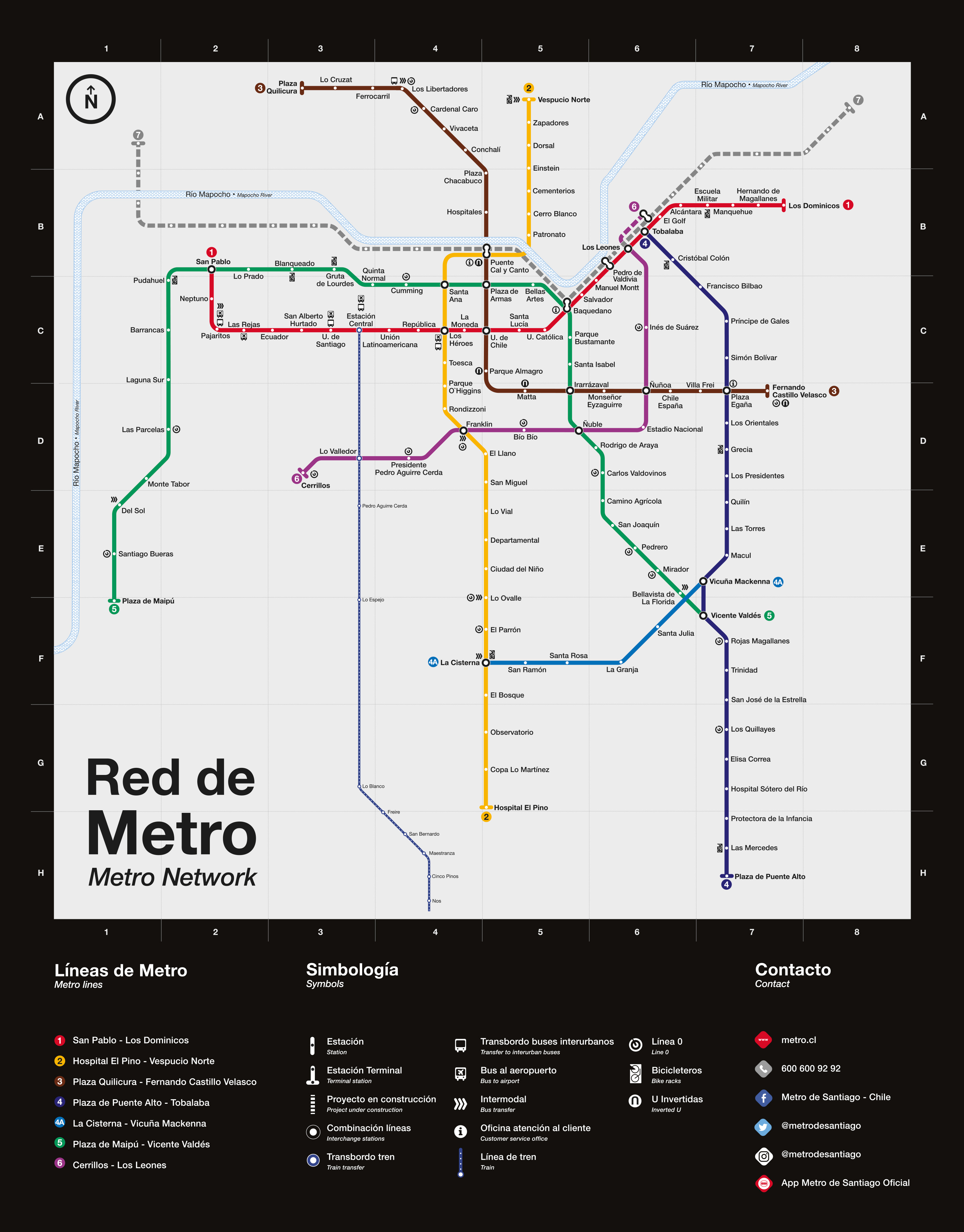 Mapa completo del Metro de Santiago con todas las líneas y estaciones